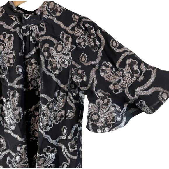 NWT Rebecca Taylor Women's Flutter Sleeve Silk Blend Metallic Top Black Size 0 - Picture 6 of 11